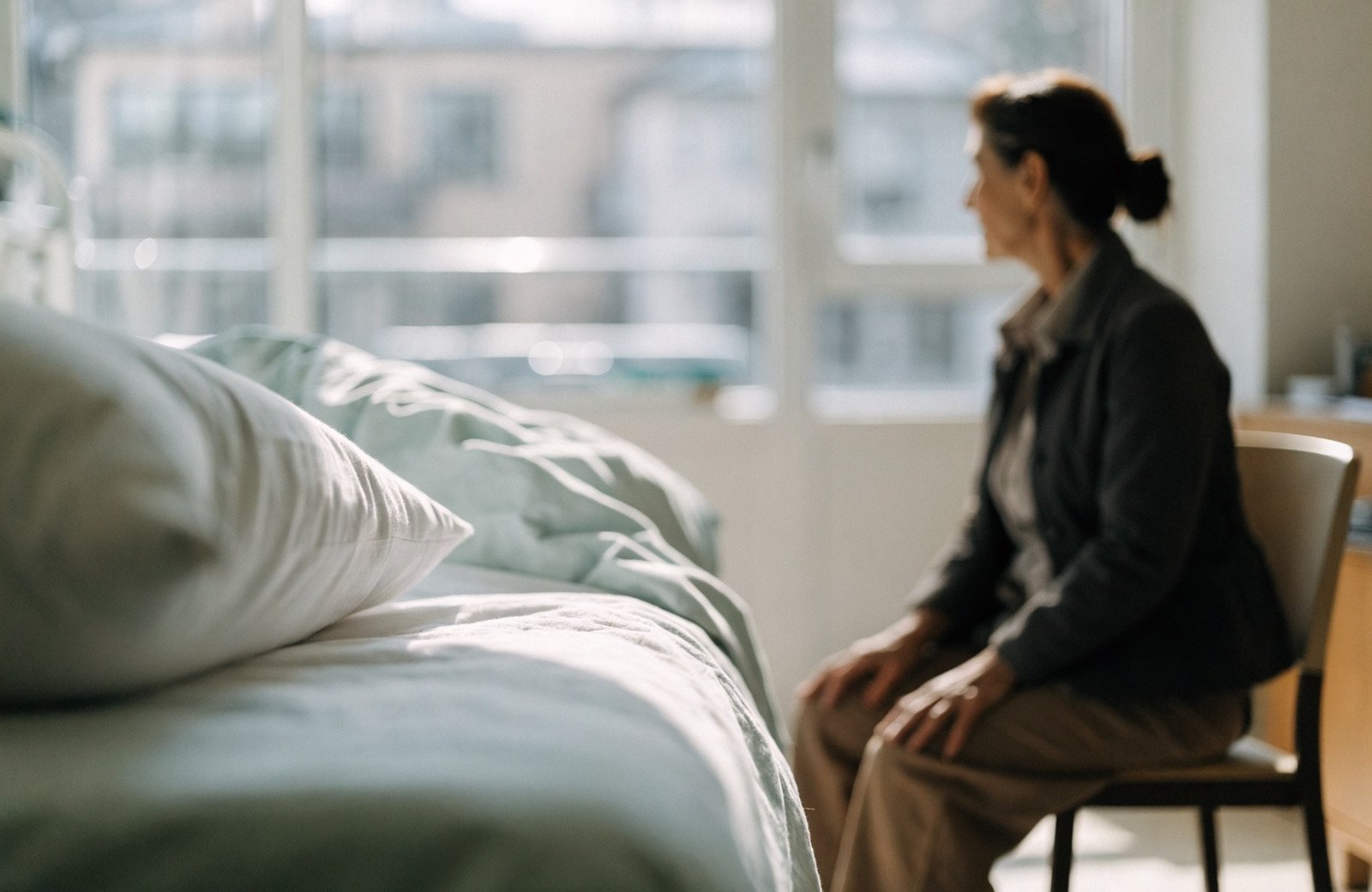 Frau sitzt auf einem Sessel neben einem Krankenbett am Fenster und wacht