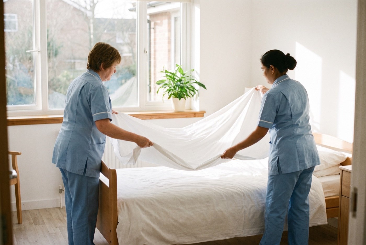 Zwei Pflegekräfte beziehen gemeinsam ein Bett