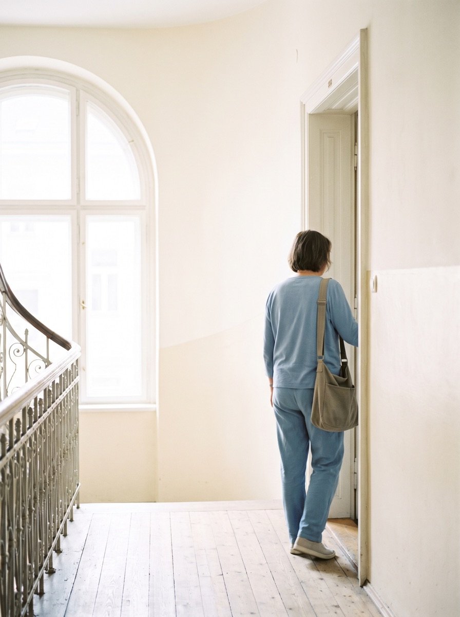 Pflegekraft an der Wohnungstür in einem Wiener Altbau