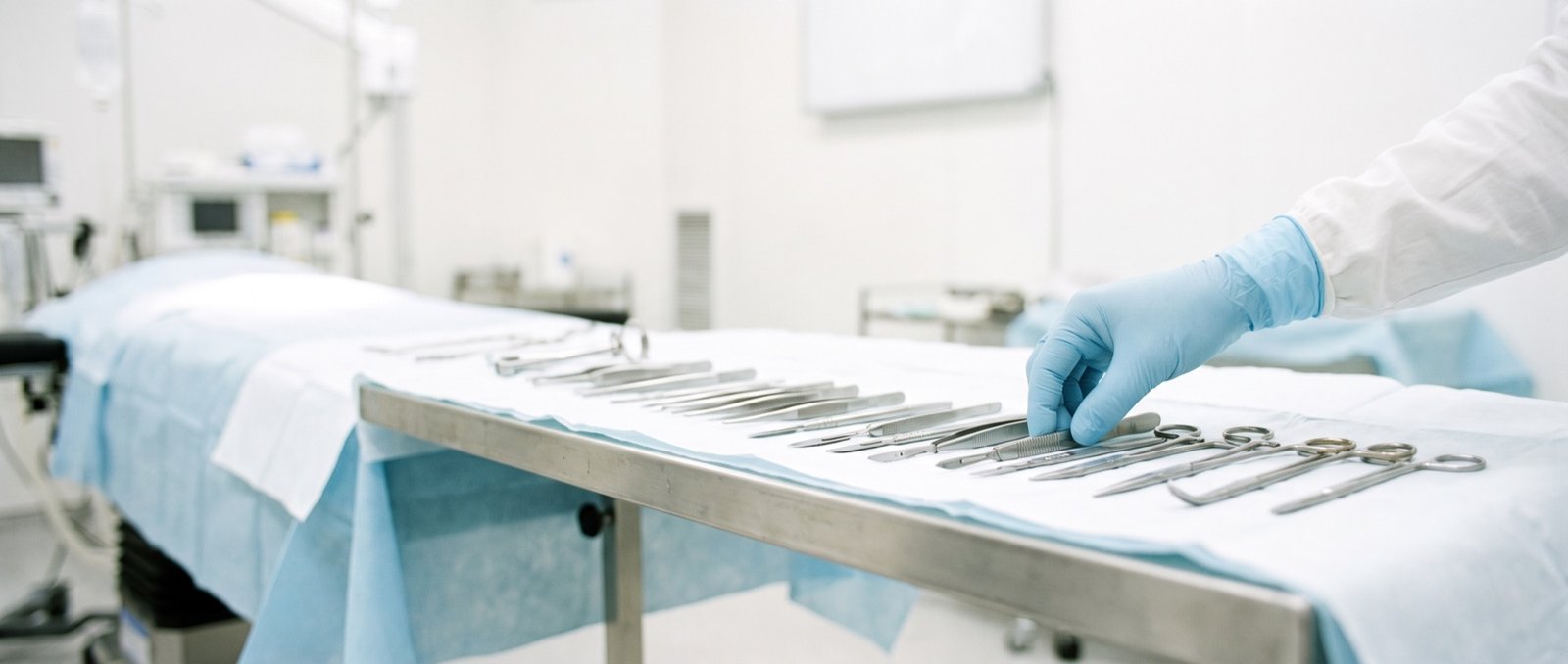 Steriler Instrumententisch, eine Hand nimmt ein Instrument