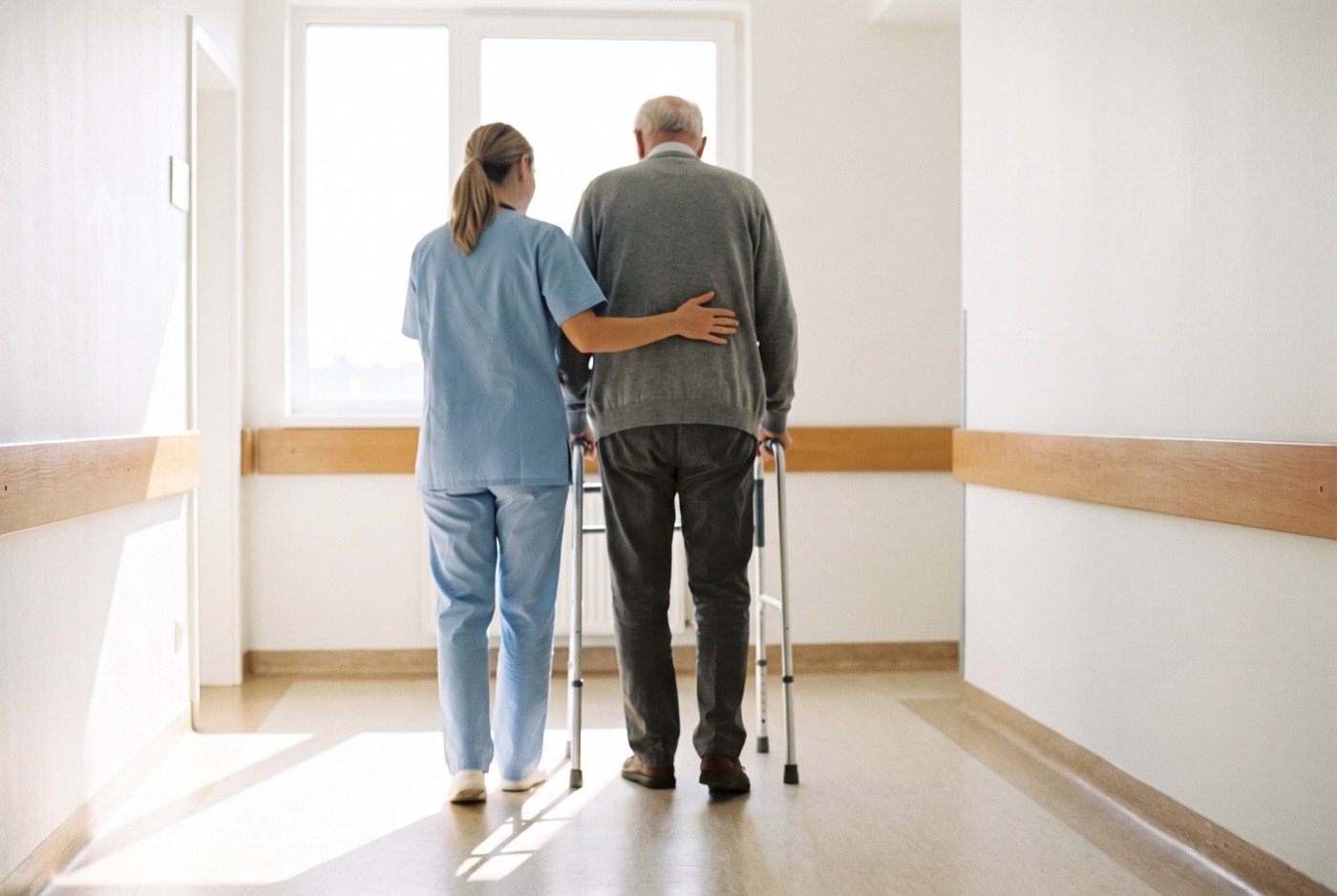 Pflegekraft begleitet einen Patienten mit Gehhilfe am Gang