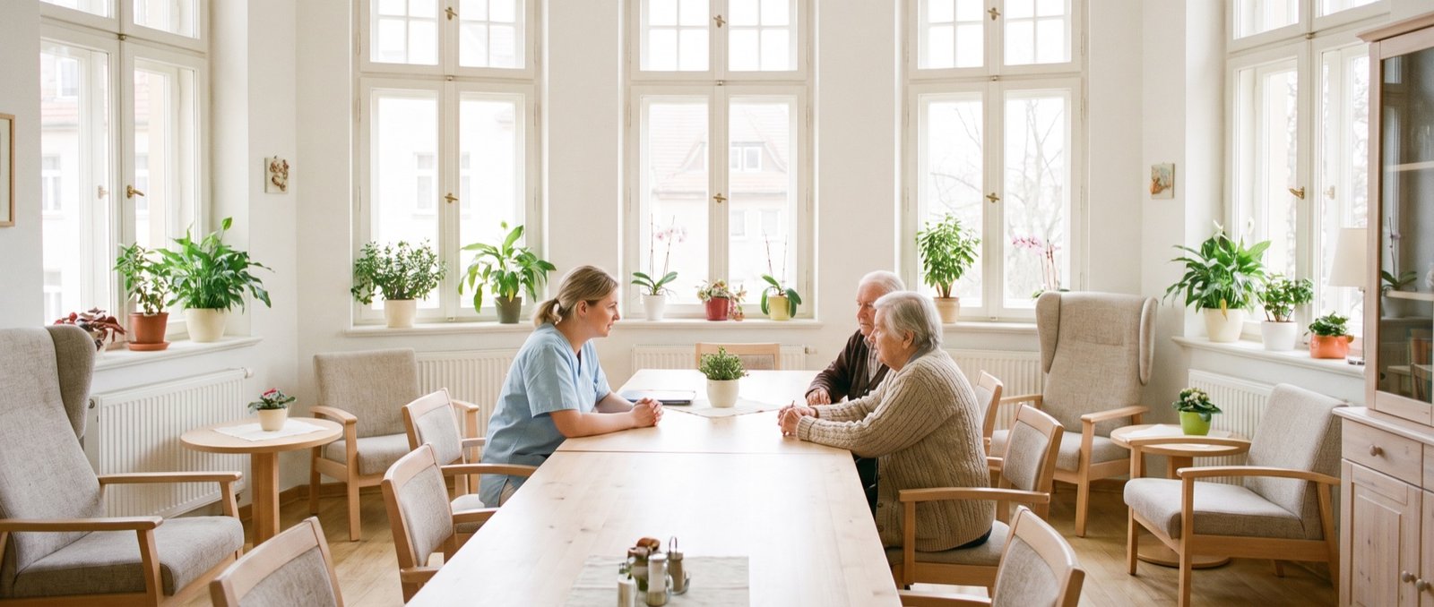 Aufenthaltsraum eines Pflegewohnhauses mit Bewohnerinnen und einer Pflegekraft
