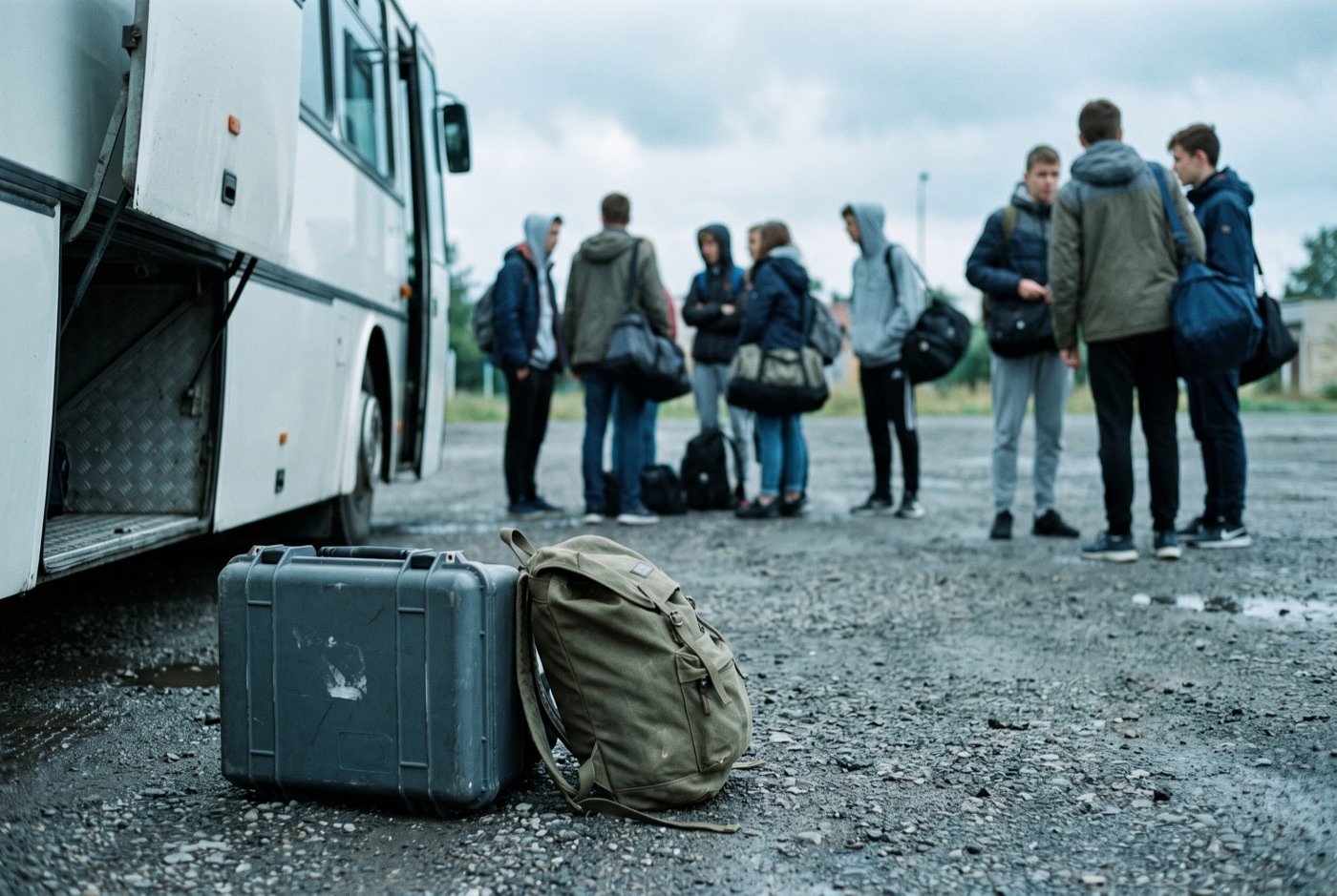 Medizinkoffer und Rucksack neben einem Reisebus