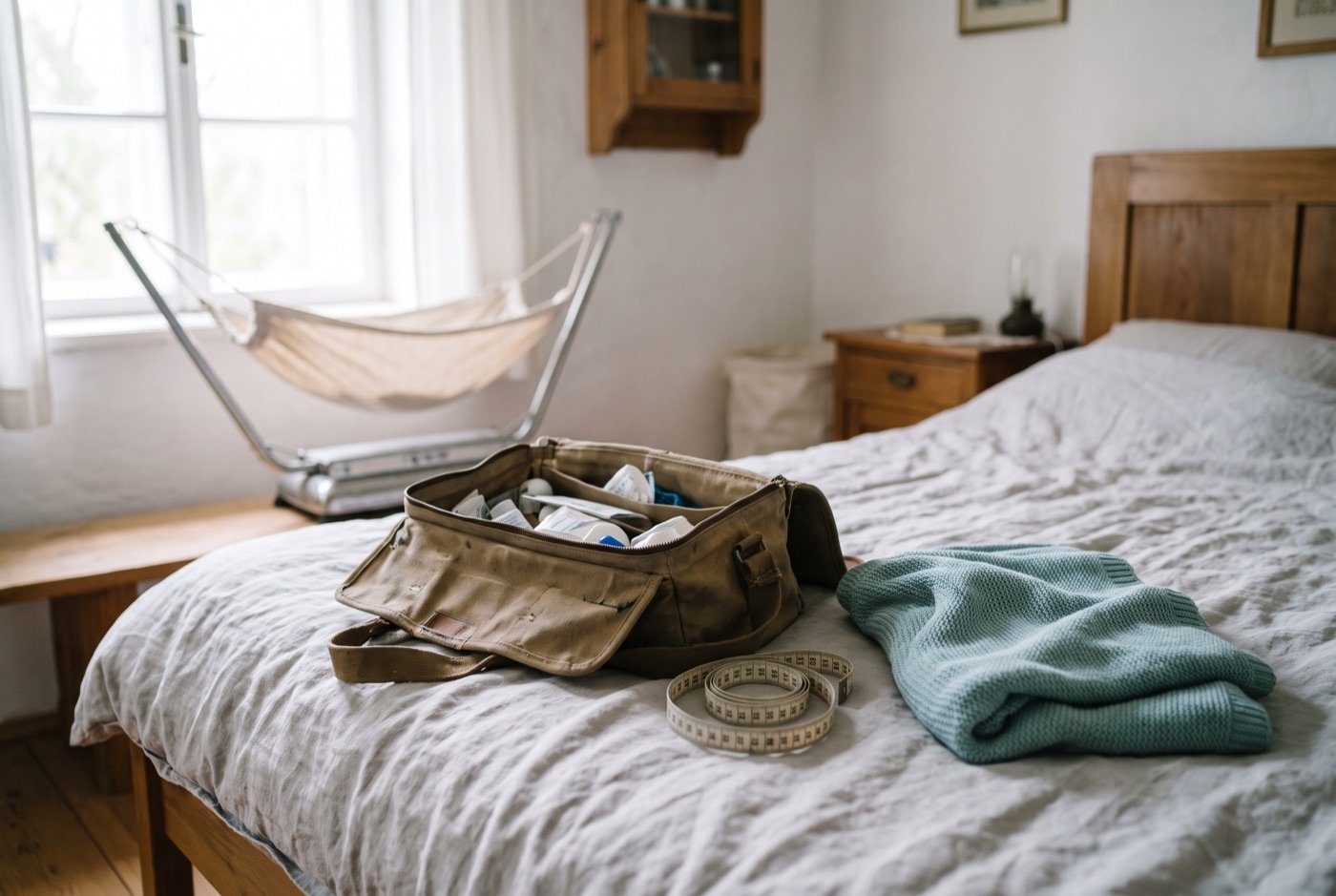 Arbeitstasche einer Hebamme auf einem Bett in einer Wohnung