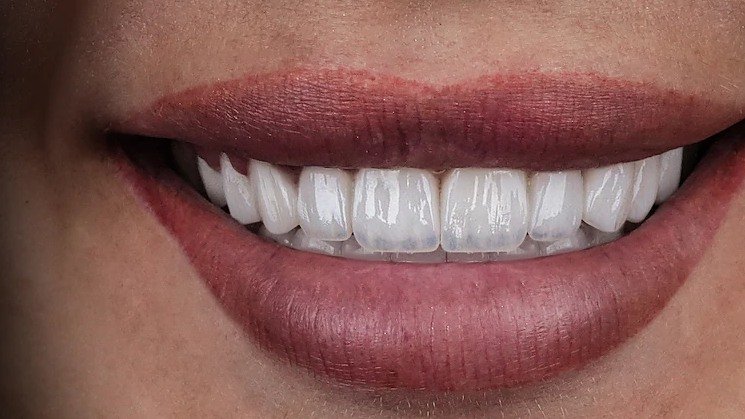 Hollywood Smile result, close up of the finished upper front teeth