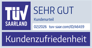 TÜV Saarland, Kundenzufriedenheit sehr gut, gültig bis 04.02.2028, Zertifikat ID 46459 der verticus AG