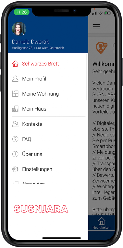 Die SUSNJARA App: Menü mit Schwarzem Brett, Meine Wohnung und Mein Haus