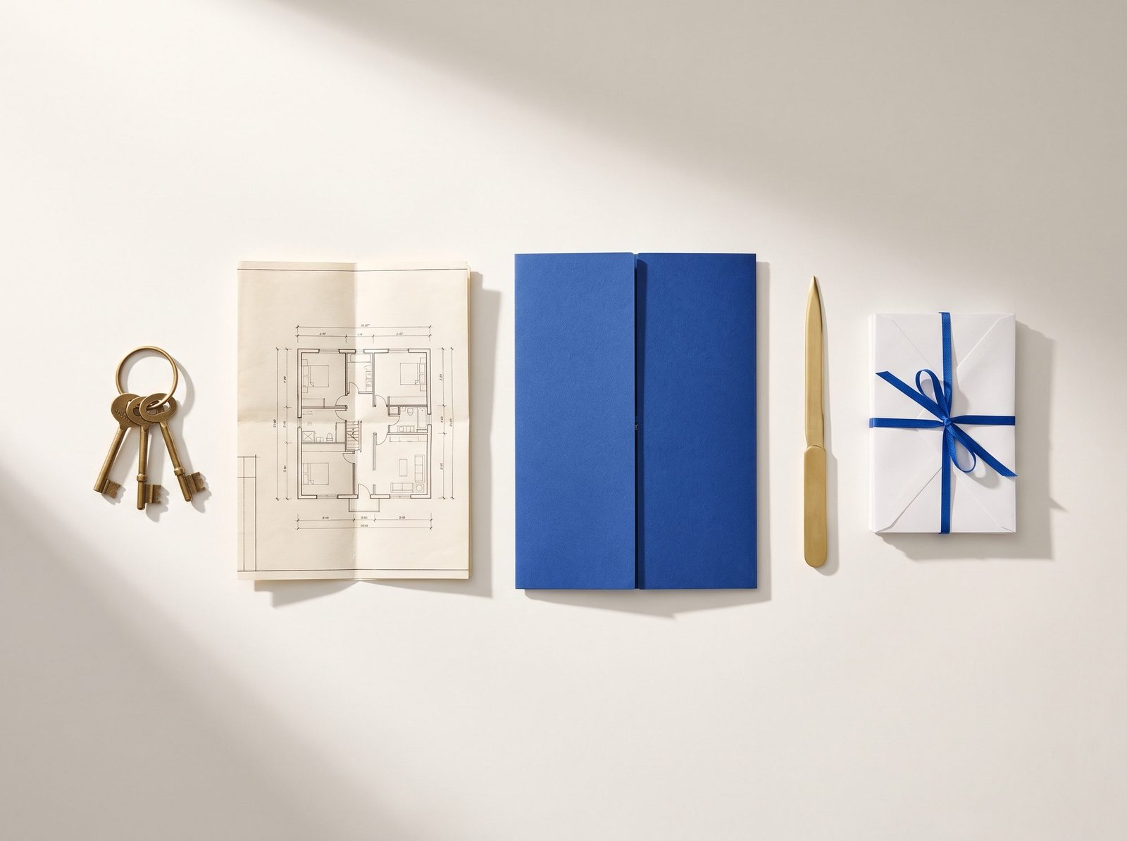 Schlüsselbund, Grundriss, blaue Mappe und Briefe in einer Reihe von oben fotografiert