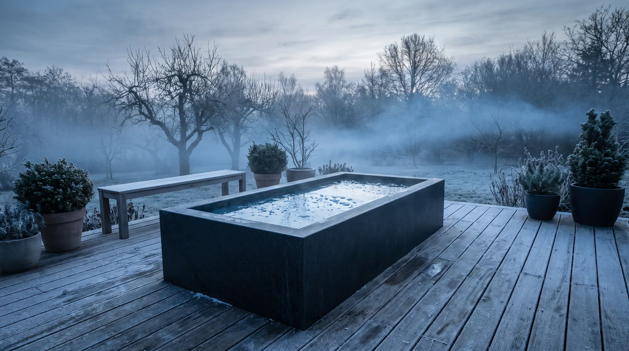 Ice Tub auf einer Holzterrasse im Morgennebel