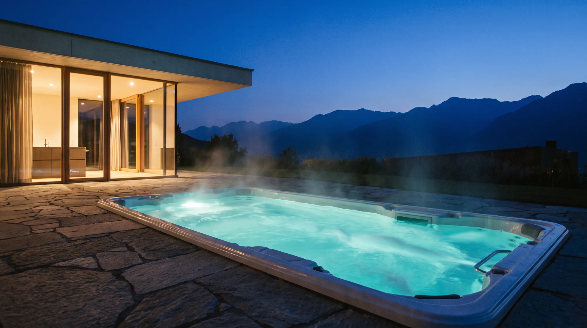 Swim Spa auf einer Terrasse vor Bergkulisse am Abend