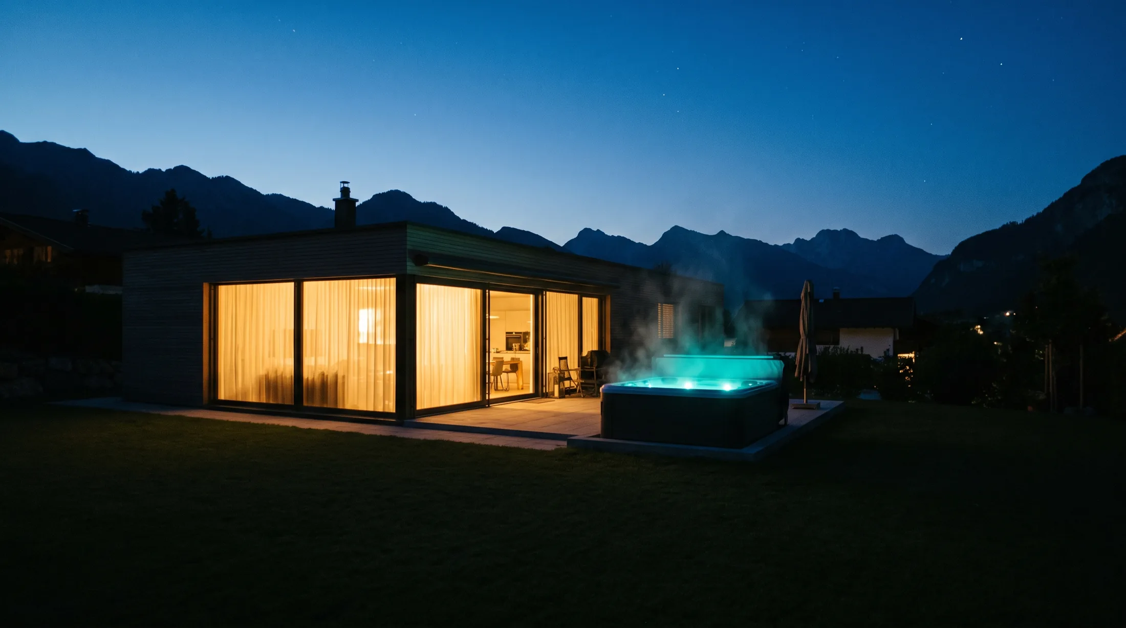 Beleuchteter Whirlpool auf einer Terrasse in der Dämmerung